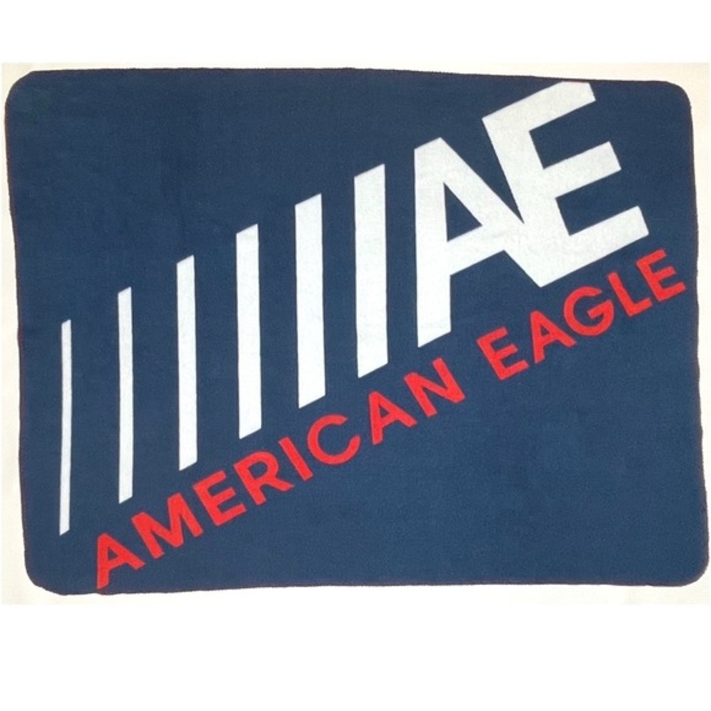 American Eagle Fleece Blanket Blue with Red & White Large Spellout Logo 62"× 46"